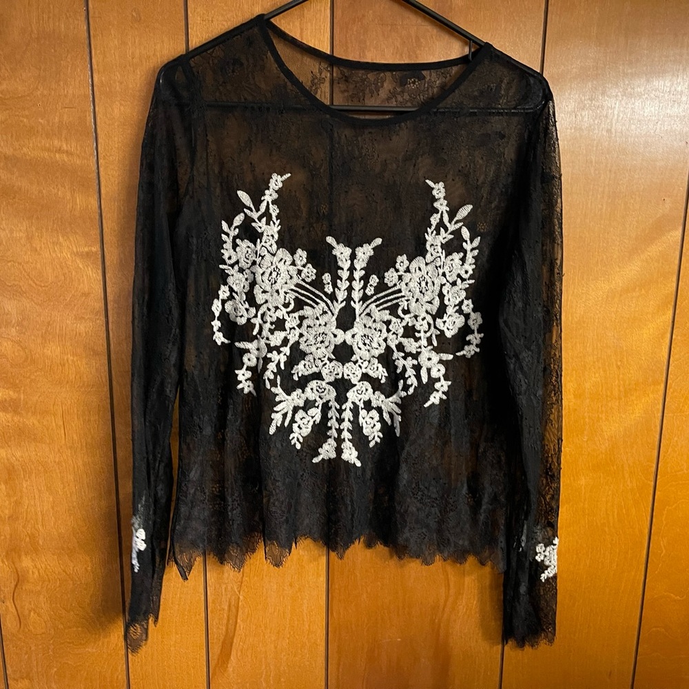 Rare For Love and Lemons black embroidery sheer see through mesh lace top